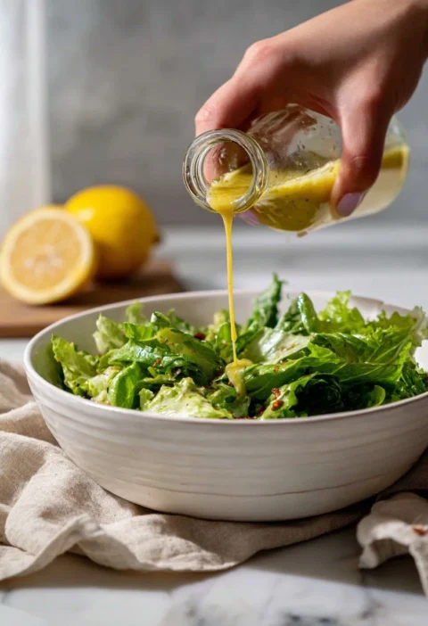 Gordon Ramsay salad dressing being poured from a jar over green leaves with lemon