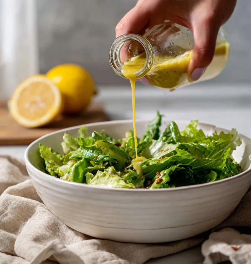 Gordon Ramsay salad dressing being poured from a jar over green leaves with lemon