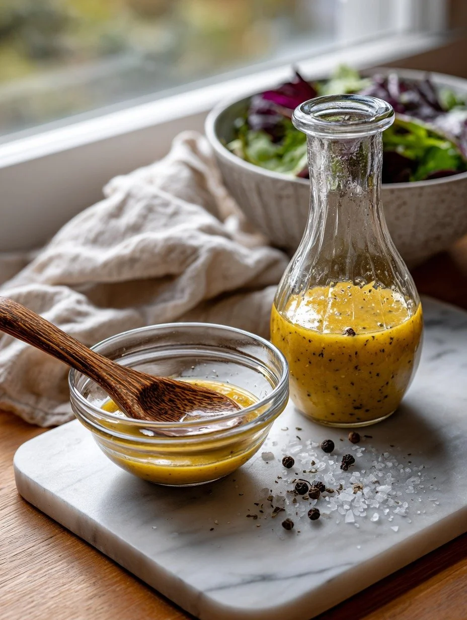 Gordon Ramsay classic vinaigrette in a glass bottle and bowl with sea salt and peppercorns