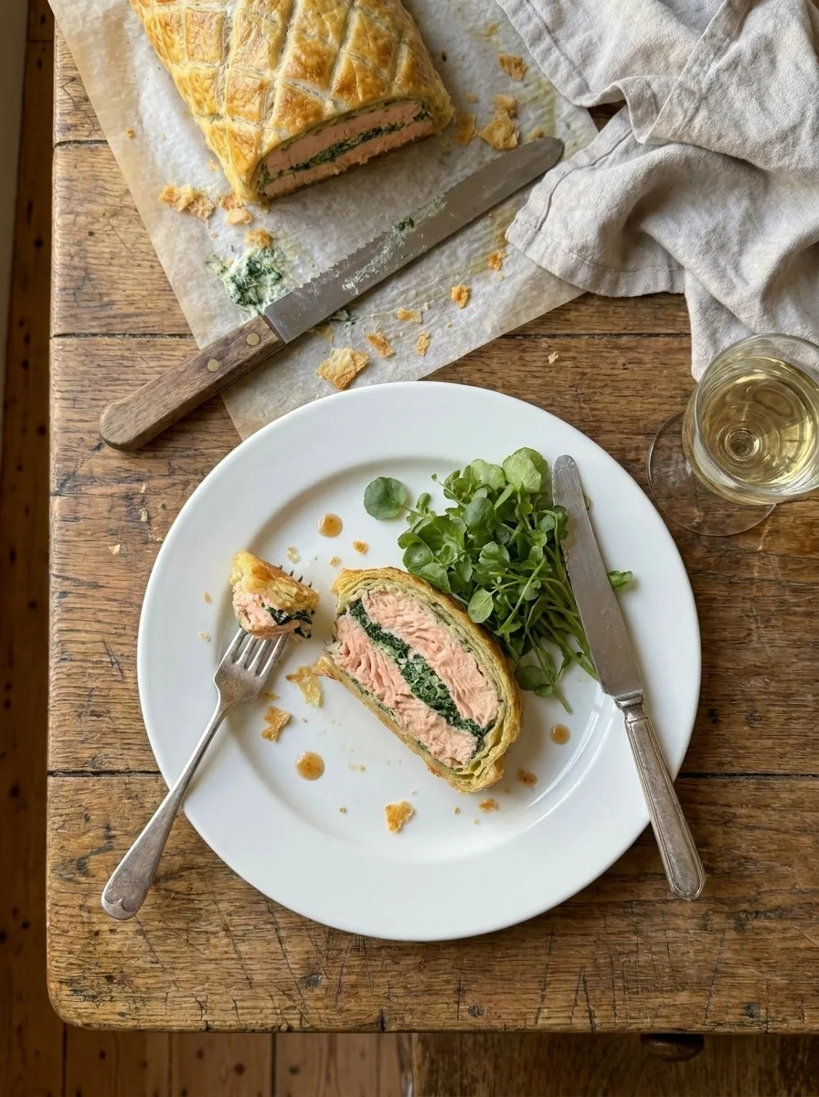 Gordon Ramsay salmon wellington served on a plate with watercress and white wine