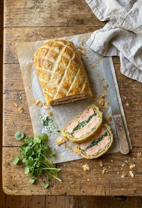 Gordon Ramsay salmon wellington sliced on baking paper showing two salmon layers with spinach cream cheese filling