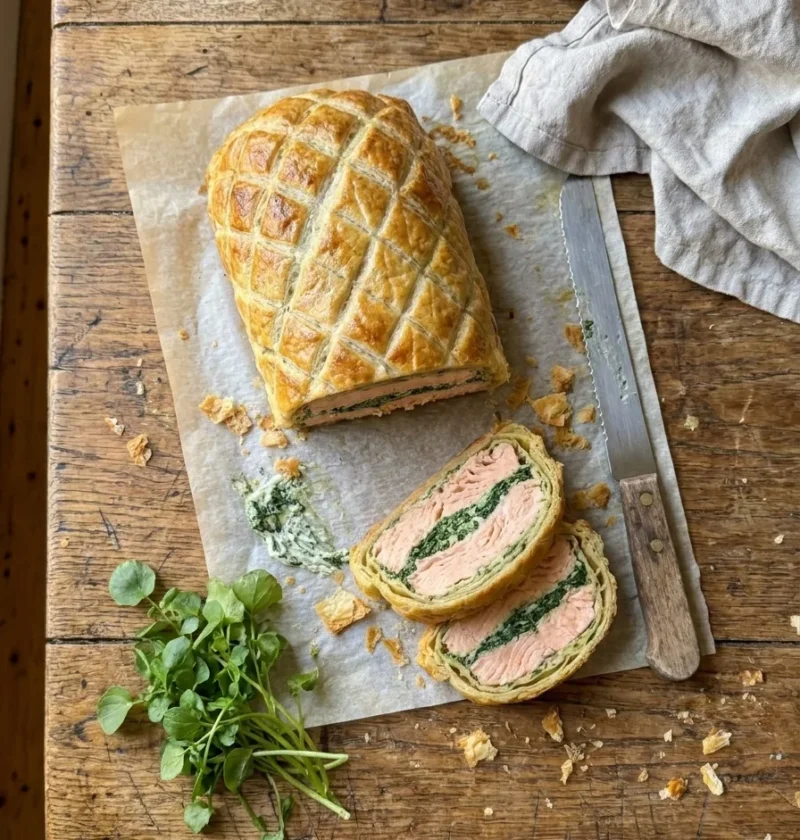 Gordon Ramsay salmon wellington sliced on baking paper showing two salmon layers with spinach cream cheese filling