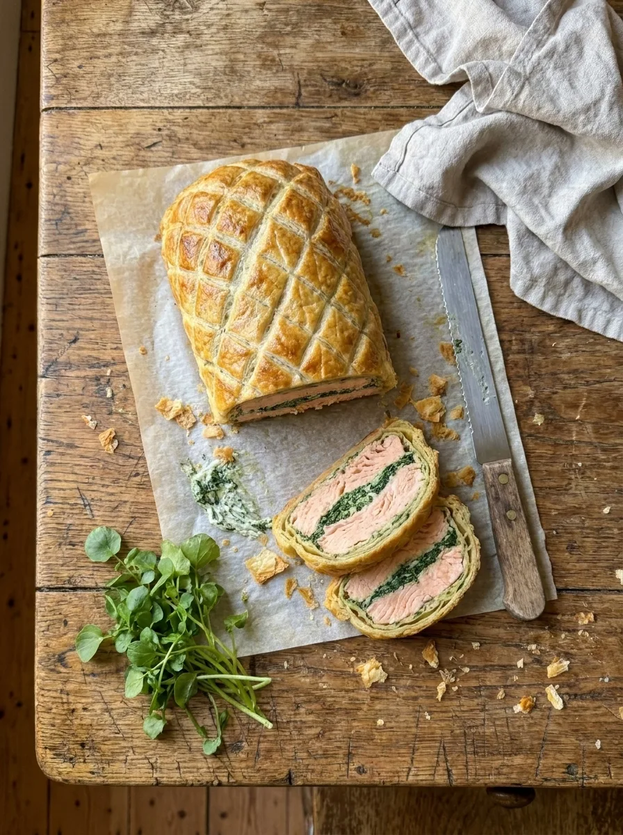 Gordon Ramsay salmon wellington sliced on baking paper showing two salmon layers with spinach cream cheese filling