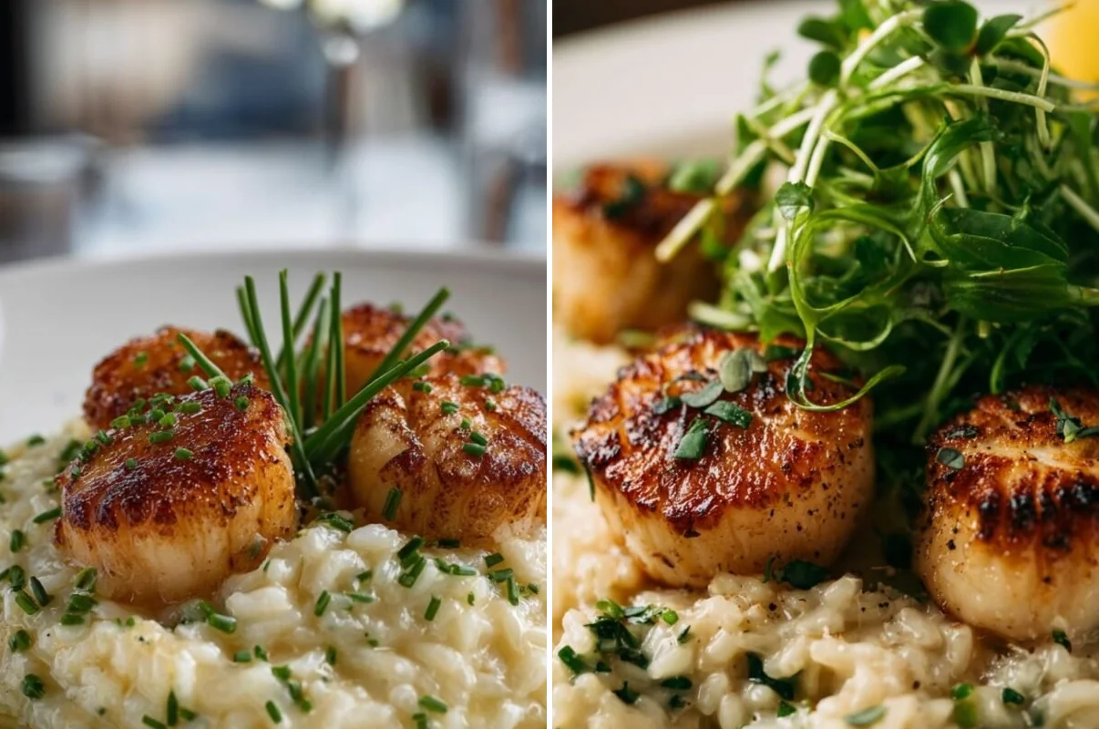 Two views of Gordon Ramsay scallop risotto showing golden crust on seared scallops over creamy risotto
