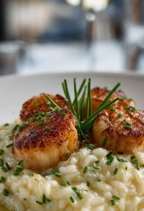 Gordon Ramsay scallop risotto with golden seared scallops on creamy rice with chives