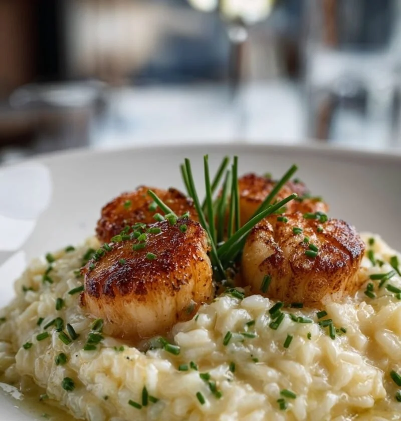 Gordon Ramsay scallop risotto with golden seared scallops on creamy rice with chives