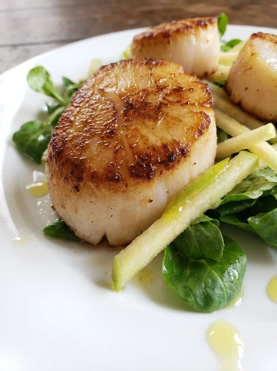 Close up of seared scallop showing golden caramelised crust