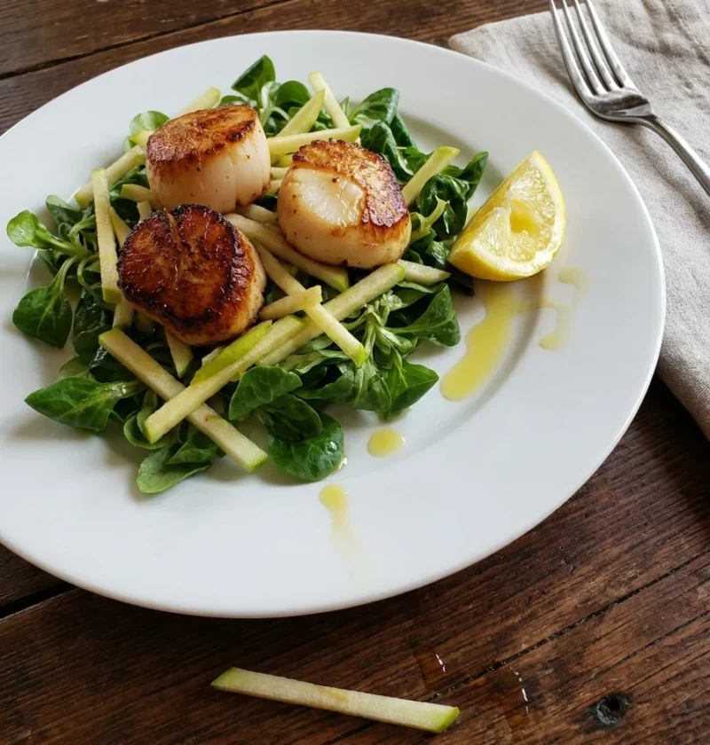 Seared scallops on lamb's lettuce and apple julienne salad