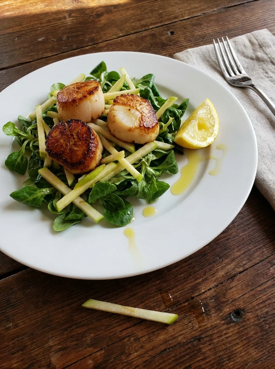Seared scallops on lamb's lettuce and apple julienne salad