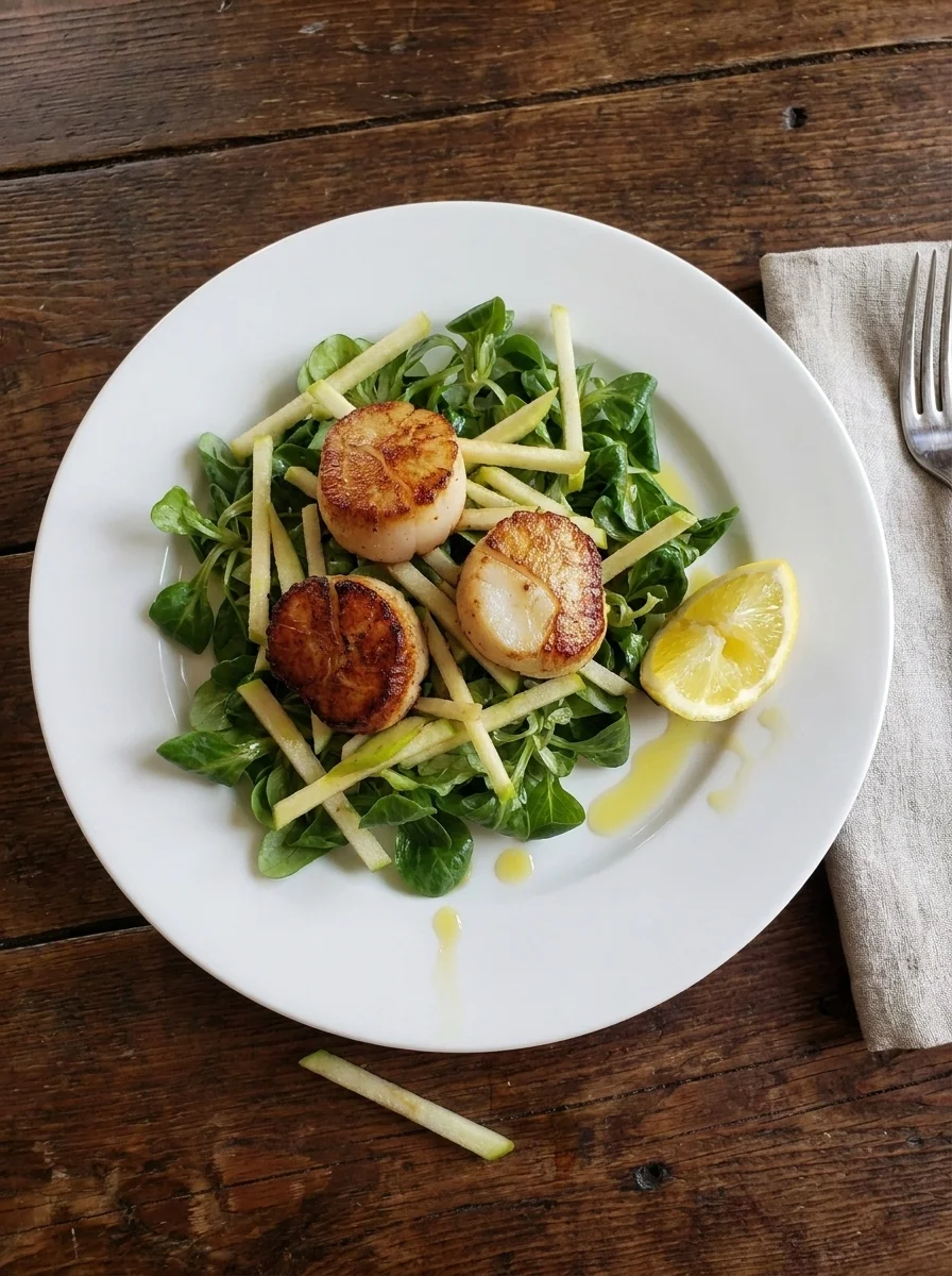 Overhead view of seared scallops with apple matchsticks and mâche