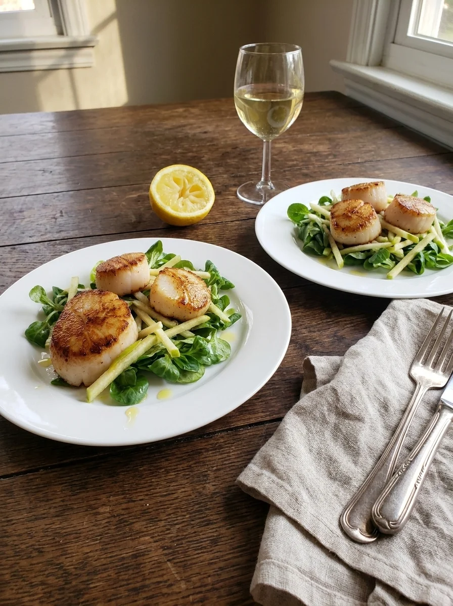 Scallop salad dinner for two with white wine on dark wood table