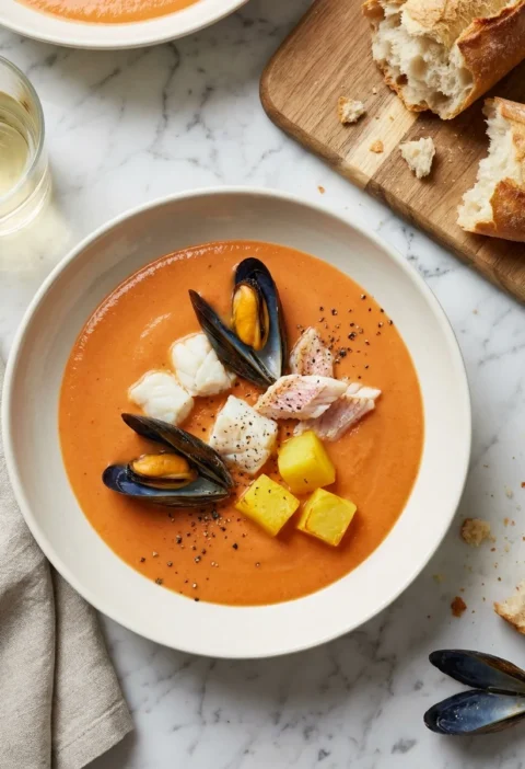 Gordon Ramsay seafood bisque with mussels monkfish red mullet and saffron potatoes