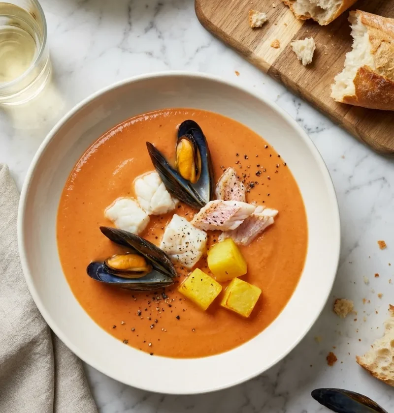 Gordon Ramsay seafood bisque with mussels monkfish red mullet and saffron potatoes