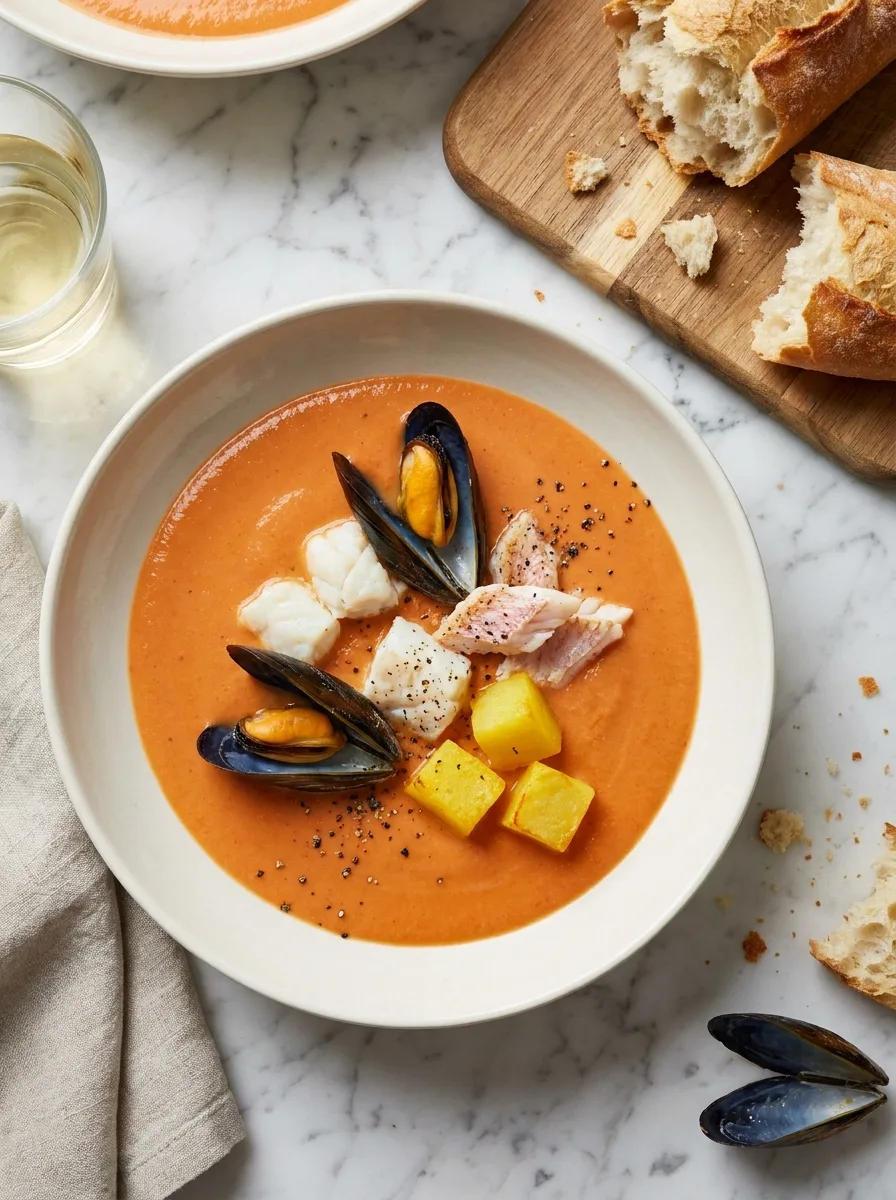 Gordon Ramsay seafood bisque with mussels monkfish red mullet and saffron potatoes