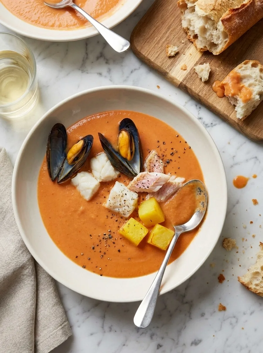 Gordon Ramsay seafood bisque mid meal with bread dipped in bisque