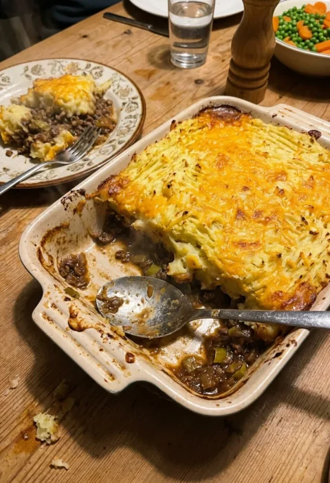Gordon Ramsay shepherd's pie in a baking dish on a wooden table, golden cheesy champ topping with fork ridges, one portion scooped out showing the lamb mince filling, peas and carrots on the side