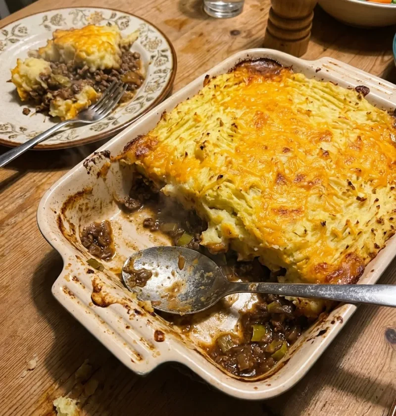Gordon Ramsay shepherd's pie in a baking dish on a wooden table, golden cheesy champ topping with fork ridges, one portion scooped out showing the lamb mince filling, peas and carrots on the side