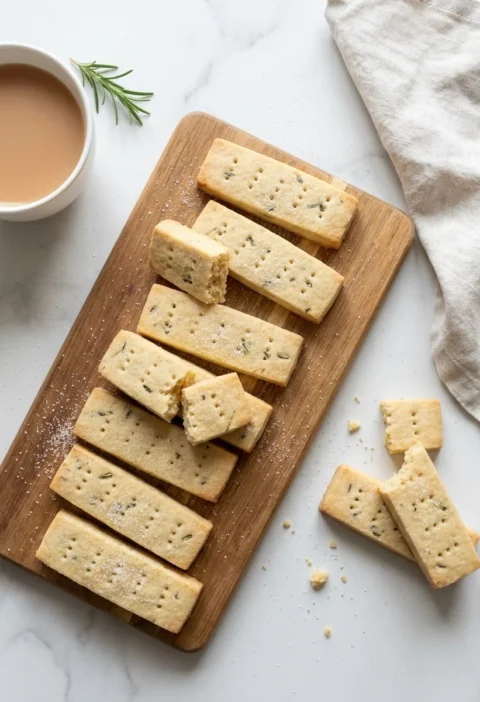 Gordon Ramsay rosemary shortbread fingers with fork prick holes and caster sugar on a wooden board