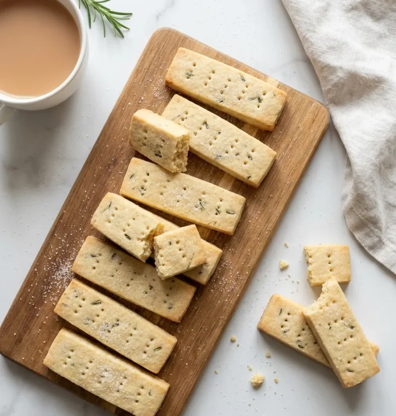 Gordon Ramsay rosemary shortbread fingers with fork prick holes and caster sugar on a wooden board