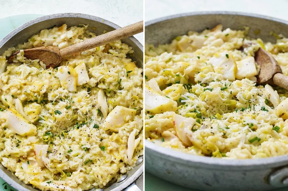 Two angles of smoked haddock risotto with flaked fish and leeks