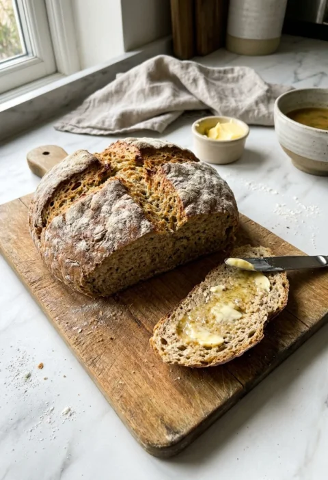 Gordon Ramsay soda bread loaf with deep cross scored on top sliced with butter on a wooden board