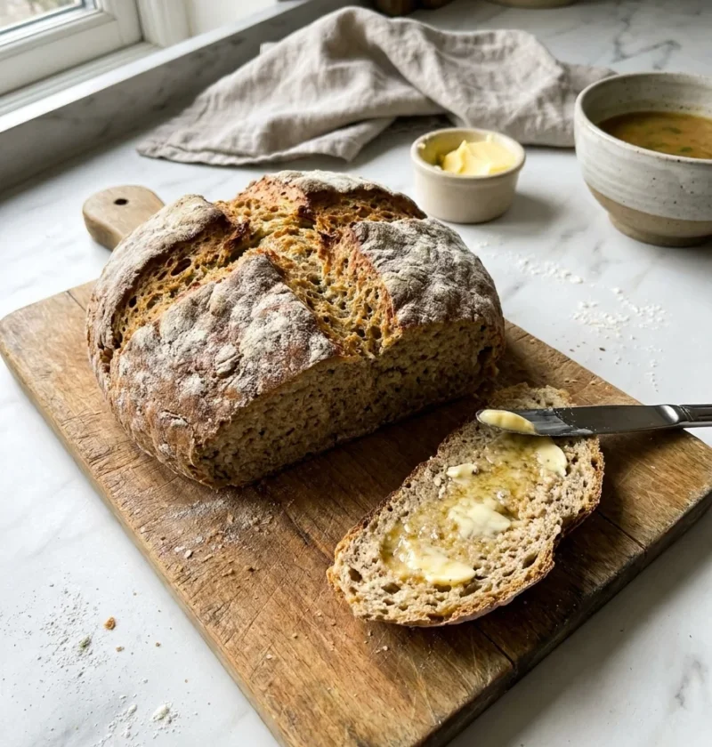 Gordon Ramsay soda bread loaf with deep cross scored on top sliced with butter on a wooden board