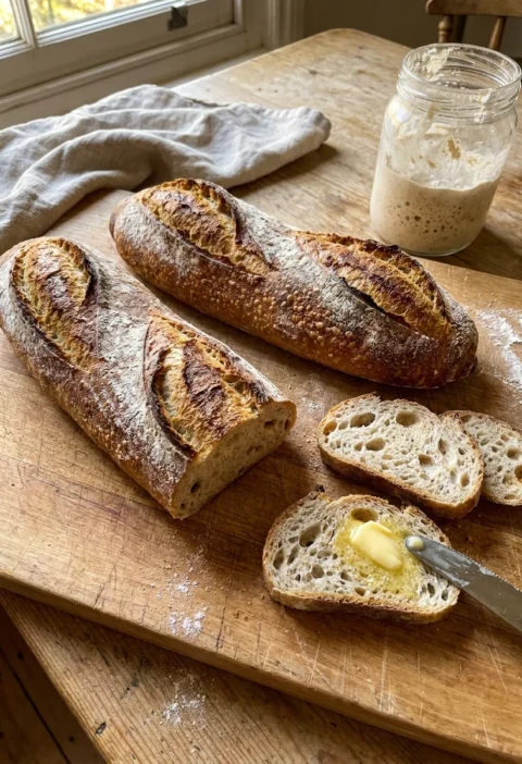Gordon Ramsay sourdough bread batons with diagonal slashes and open crumb on a wooden board with starter jar