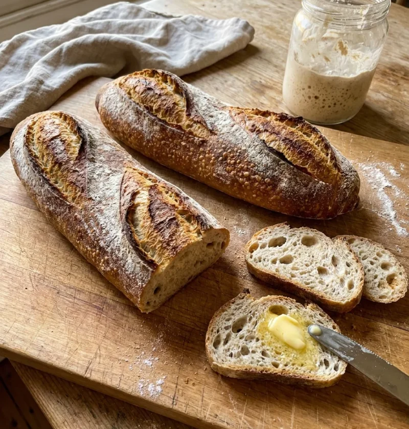 Gordon Ramsay sourdough bread batons with diagonal slashes and open crumb on a wooden board with starter jar