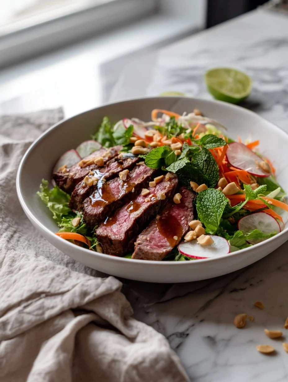 Sliced seared sirloin on a bed of fresh salad with Thai dressing and chopped peanuts