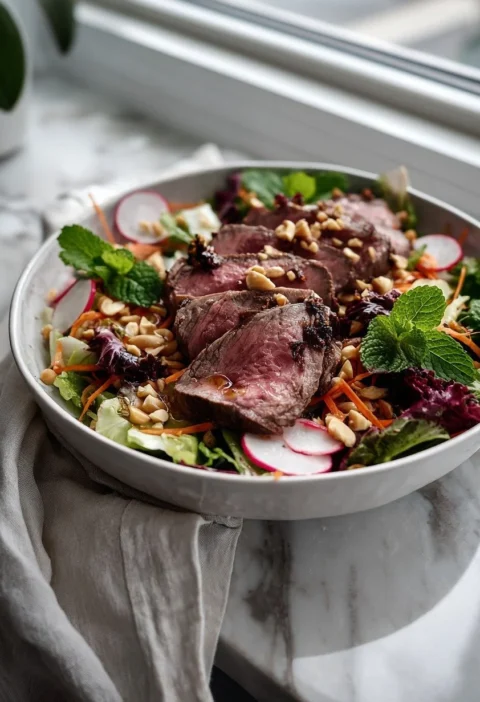 Gordon Ramsay spicy beef salad with seared sirloin steak carrot ribbons radishes mint and peanuts