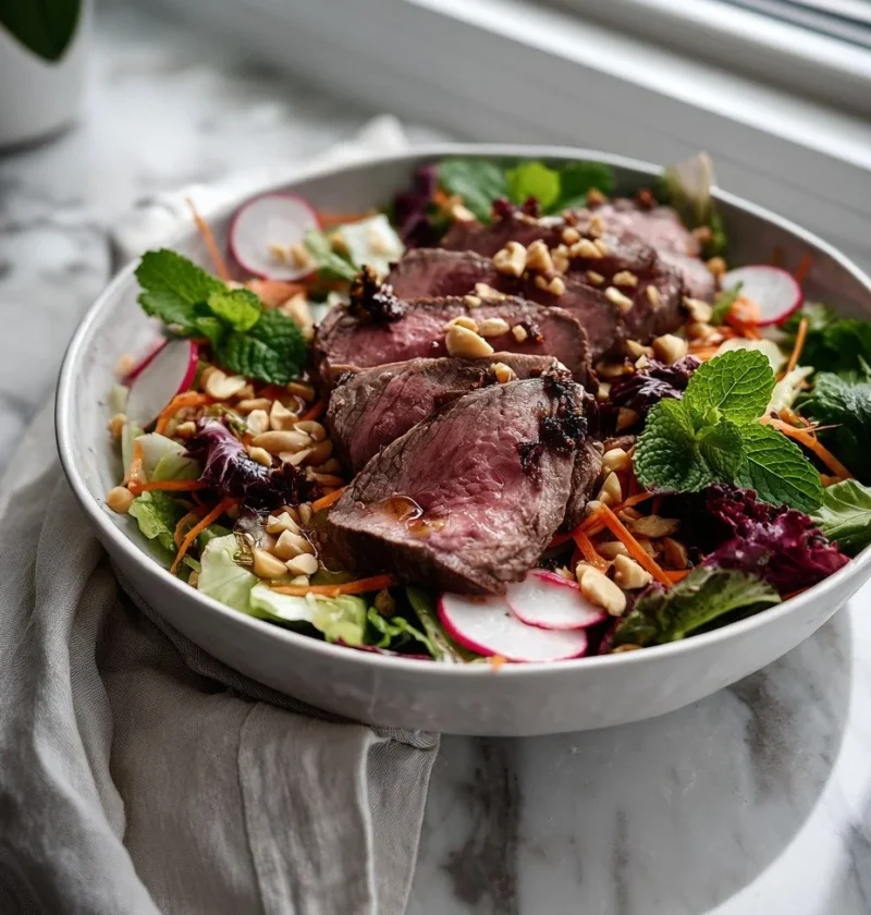 Gordon Ramsay spicy beef salad with seared sirloin steak carrot ribbons radishes mint and peanuts