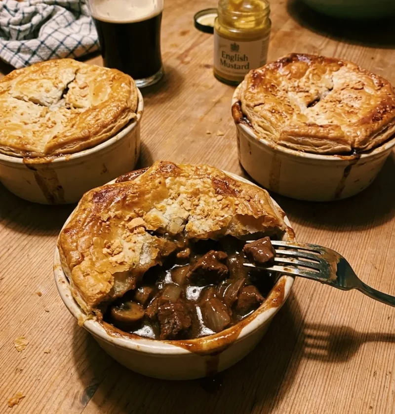 Gordon Ramsay steak and ale pie in individual dishes with golden puff pastry lids, one broken open showing dark Guinness beef and mushroom filling, a pint of dark beer and English mustard on the table