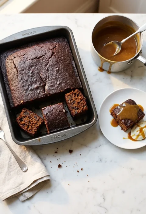 Gordon Ramsay sticky toffee pudding cut into squares in a dark baking tin with banana caramel sauce in a saucepan and a plated portion with creme fraiche
