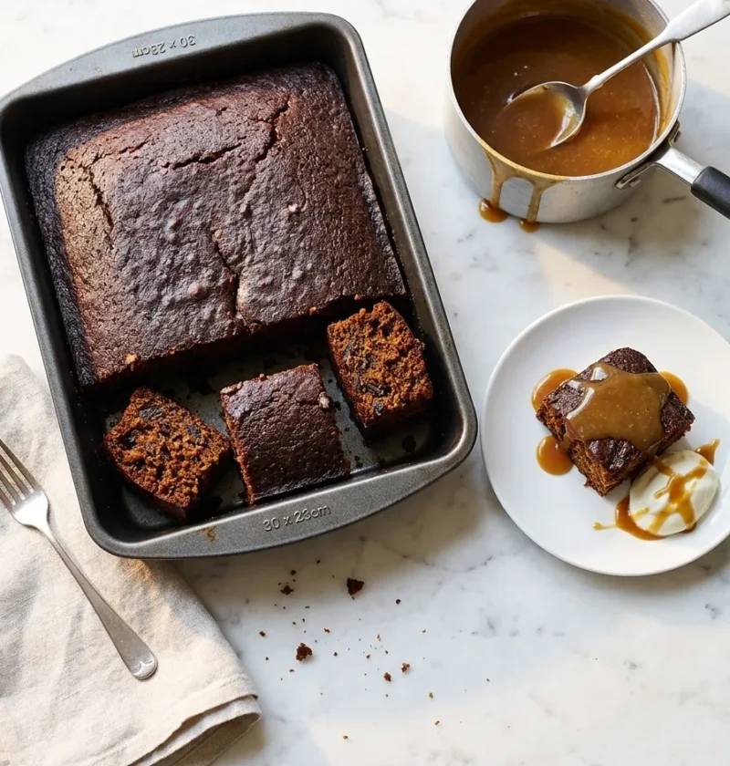 Gordon Ramsay sticky toffee pudding cut into squares in a dark baking tin with banana caramel sauce in a saucepan and a plated portion with creme fraiche