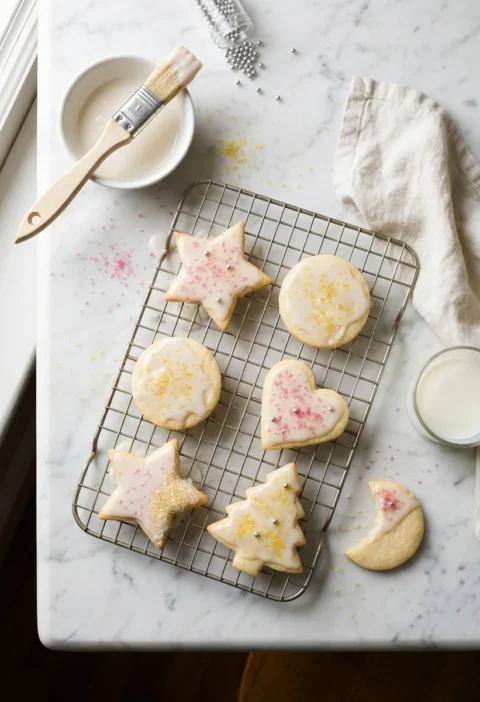 Gordon Ramsay sugar cookies decorated with icing glaze coloured sugar and silver balls in star heart and Christmas tree shapes