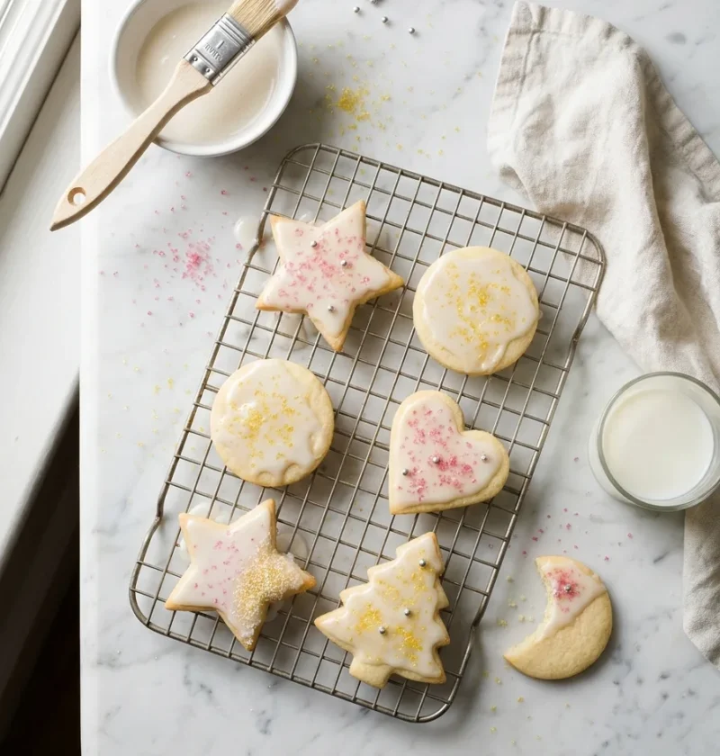Gordon Ramsay sugar cookies decorated with icing glaze coloured sugar and silver balls in star heart and Christmas tree shapes