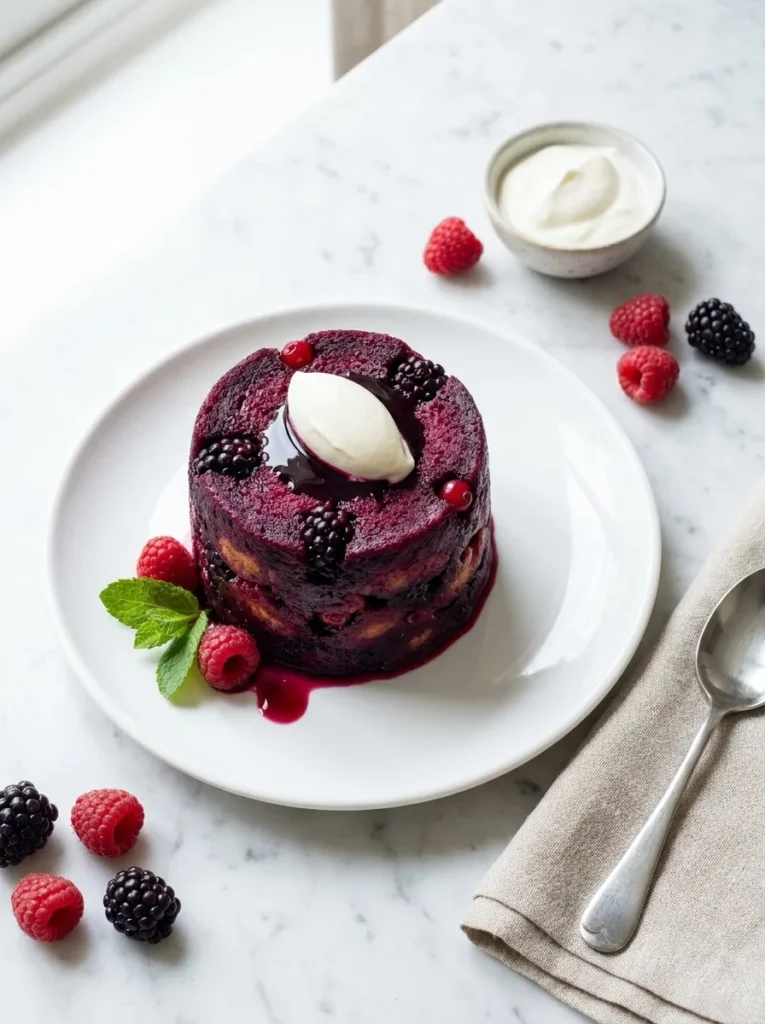 Individual Gordon Ramsay summer pudding with deep purple berry soaked brioche topped with creme fraiche and fresh raspberries