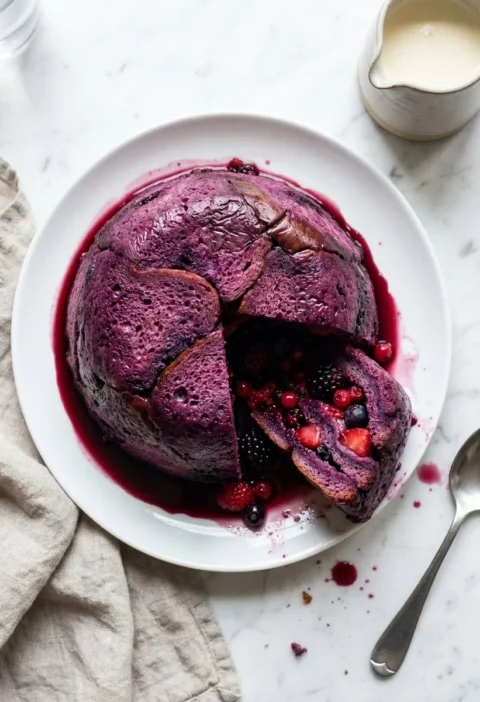Gordon Ramsay summer pudding turned out from a pudding basin showing berry soaked brioche with mixed berries inside and juice pooling on the plate