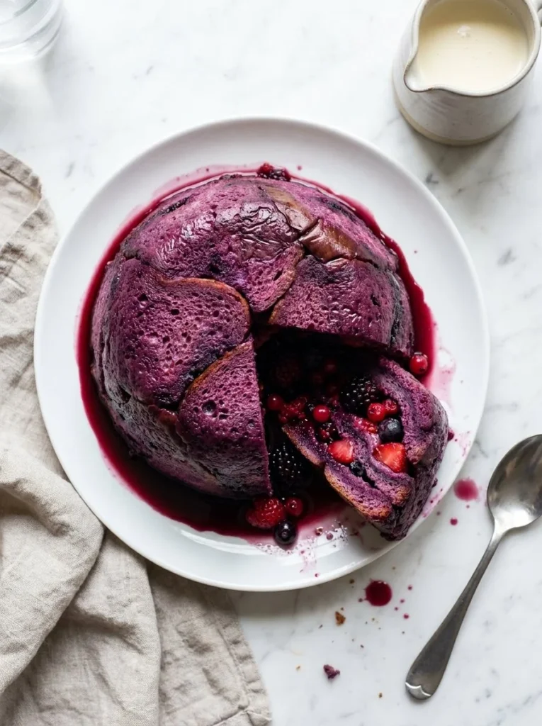Gordon Ramsay summer pudding turned out from a pudding basin showing berry soaked brioche with mixed berries inside and juice pooling on the plate