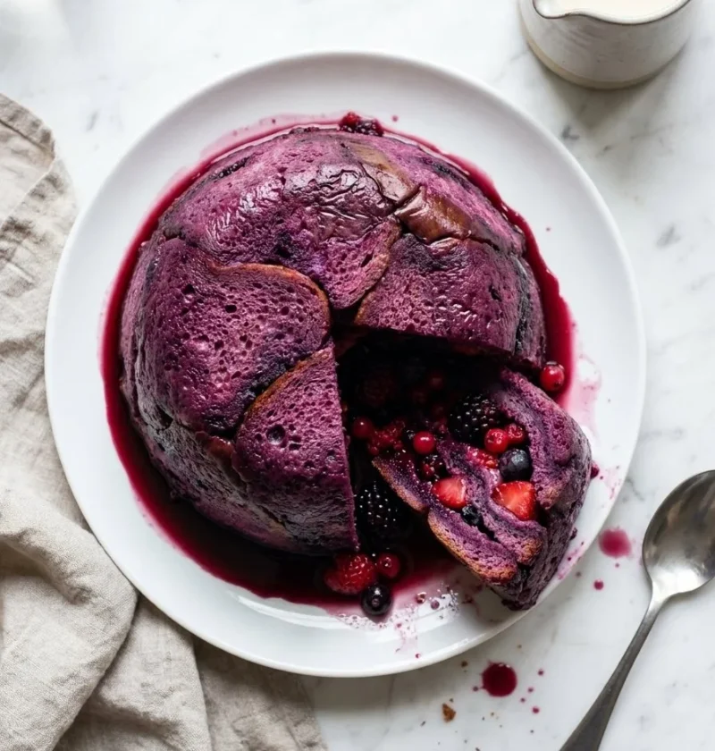 Gordon Ramsay summer pudding turned out from a pudding basin showing berry soaked brioche with mixed berries inside and juice pooling on the plate