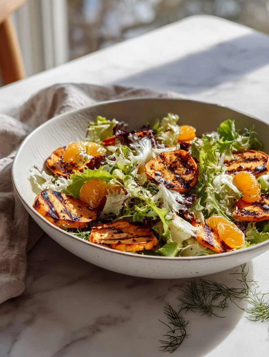 Griddled sweet potato rounds with tangerine and frisée leaves in citrus vinaigrette