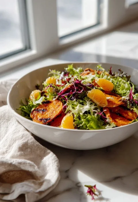Gordon Ramsay sweet potato salad with griddled sweet potato tangerine segments and frisée
