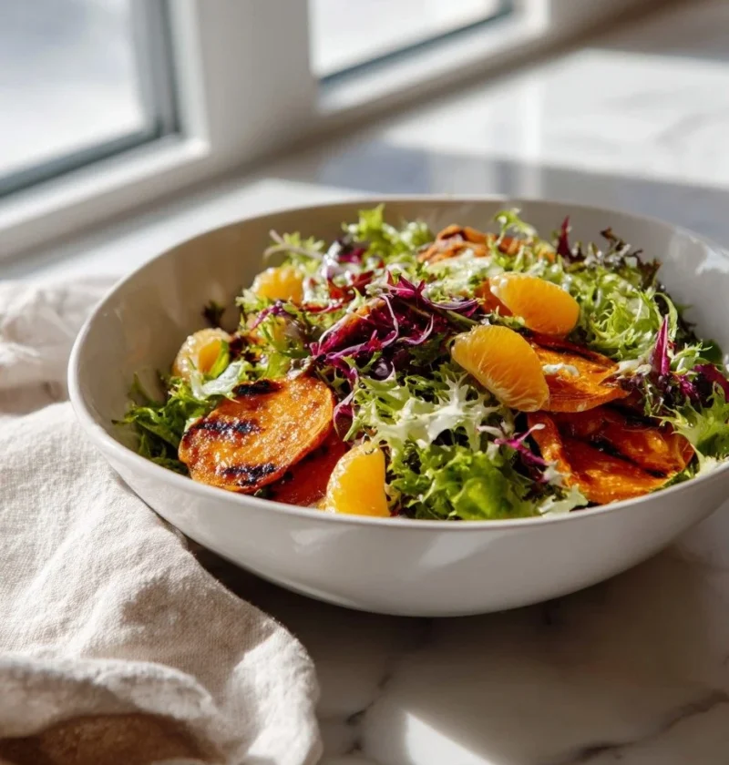 Gordon Ramsay sweet potato salad with griddled sweet potato tangerine segments and frisée