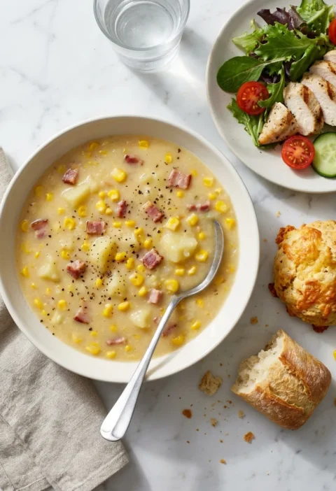 Gordon Ramsay sweetcorn soup with bacon potatoes and corn kernels served with chicken salad
