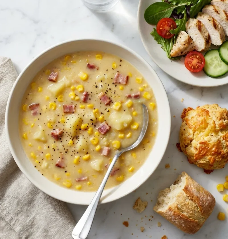Gordon Ramsay sweetcorn soup with bacon potatoes and corn kernels served with chicken salad