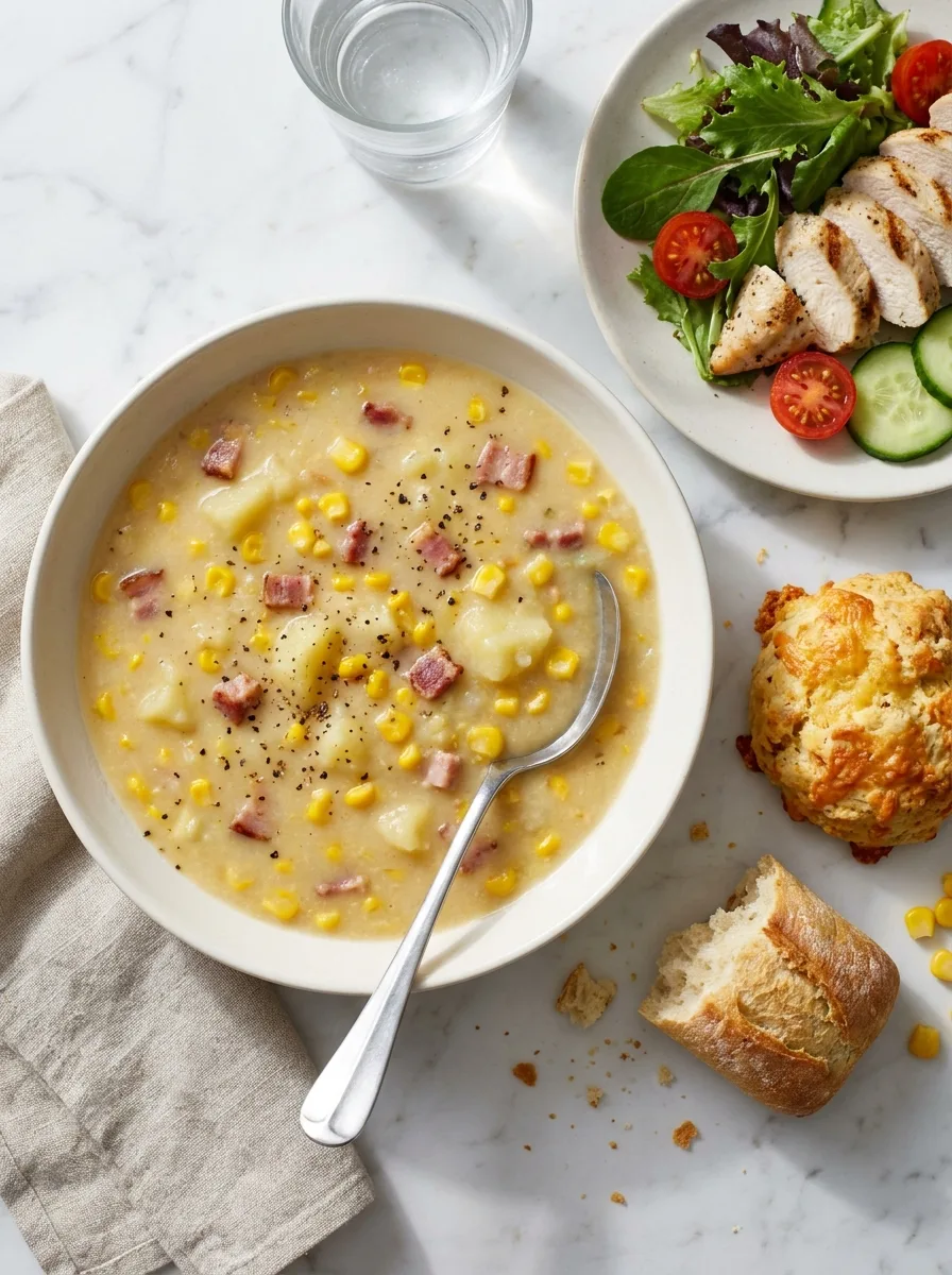 Gordon Ramsay sweetcorn soup with bacon potatoes and corn kernels served with chicken salad