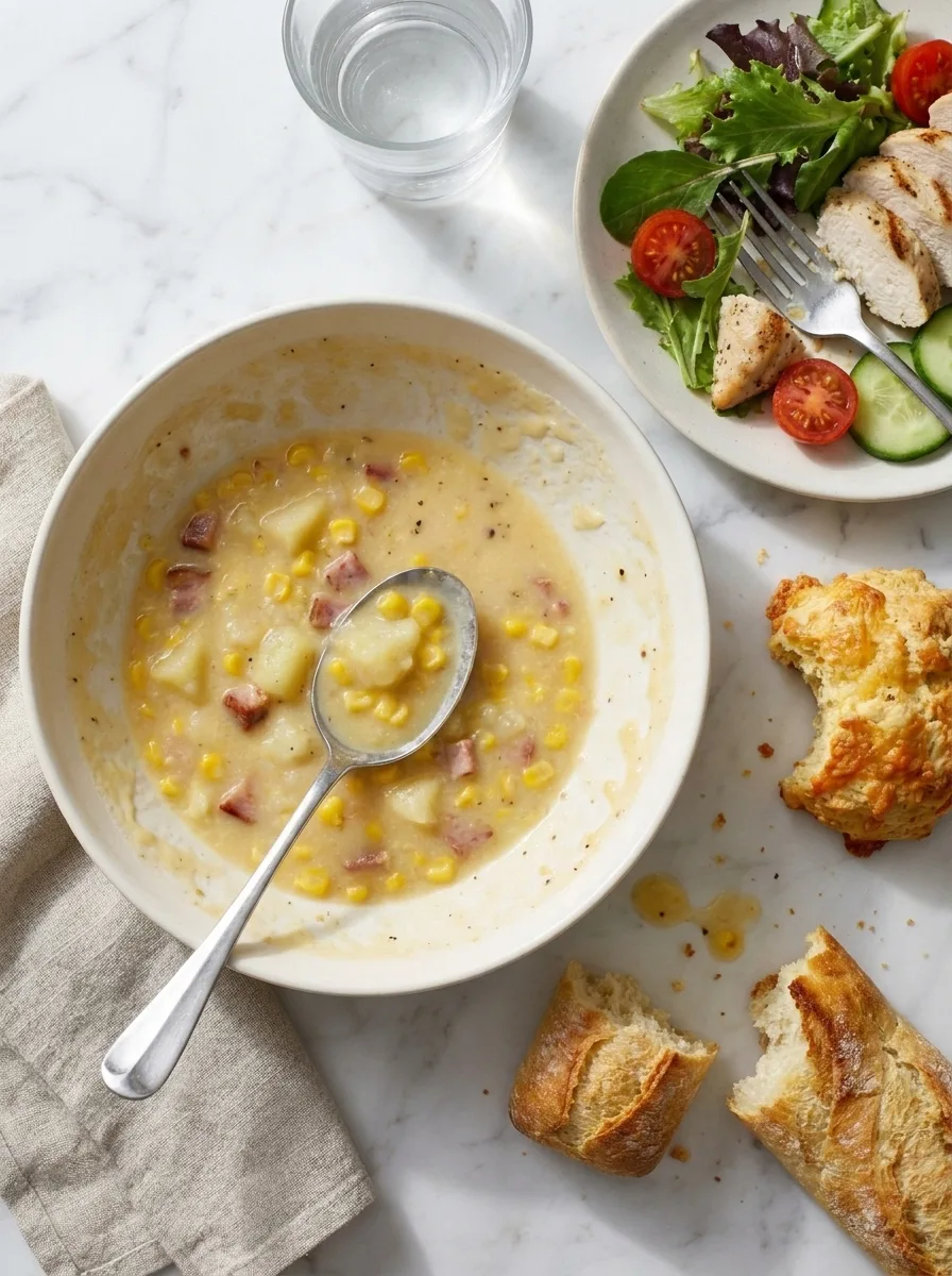 Gordon Ramsay smoky bacon sweetcorn and potato soup half eaten with cheese scone and salad