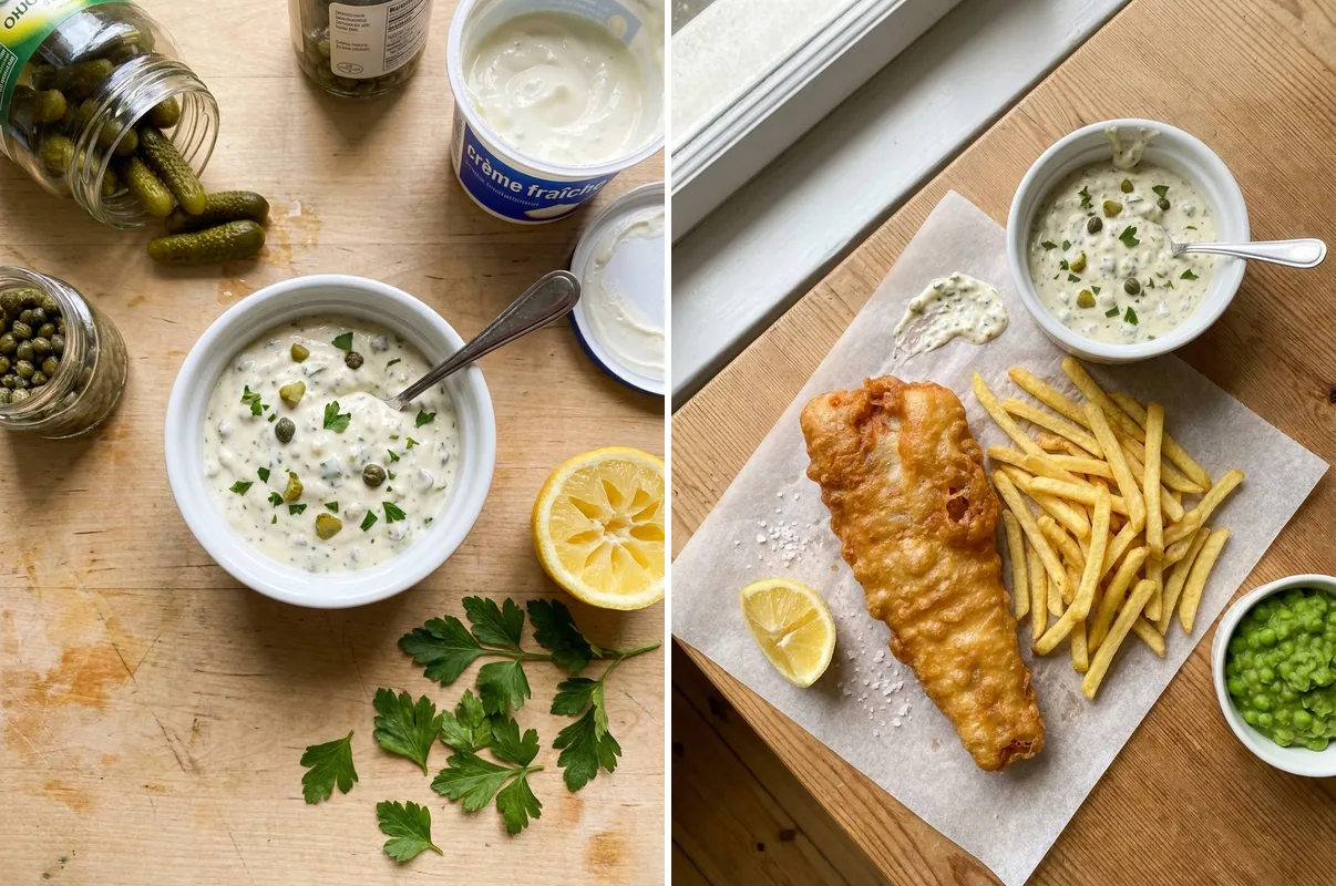 Gordon Ramsay tartar sauce in ramekin and served with beer-battered fish and chips
