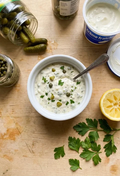 Gordon Ramsay tartar sauce with cornichons and capers in a white ramekin