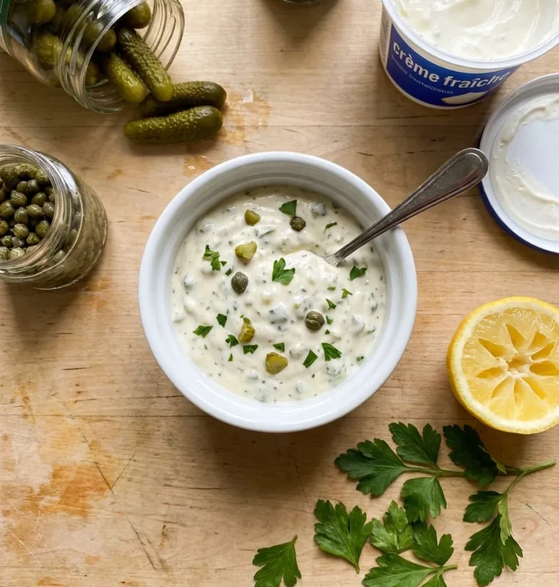 Gordon Ramsay tartar sauce with cornichons and capers in a white ramekin